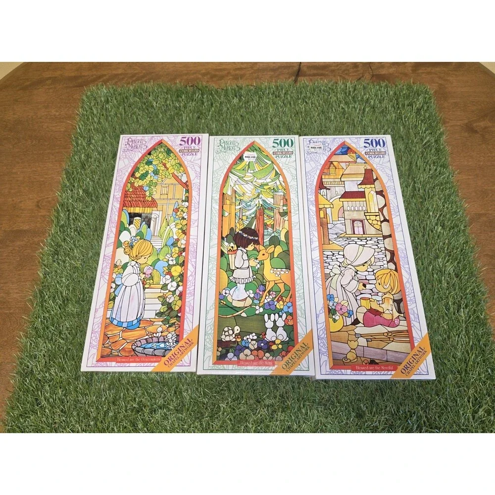 Lot Of 3 Vtg Precious Moments 500 Peace Puzzles Stained Glass New Sealed Chapel